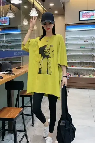 设计感圆领卡通印花短袖T恤女2023夏新款洋气宽松百搭中长款上衣商品大图