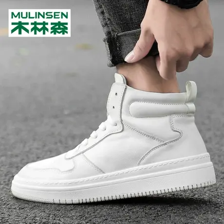 木林森头层牛皮高帮鞋男秋季厚底中帮休闲板鞋冬季加绒小白棉鞋男商品大图