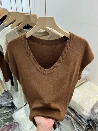 修身针织小衫百搭螺纹大圆领上衣女2023年早秋新款短袖轻薄打底衫商品大图