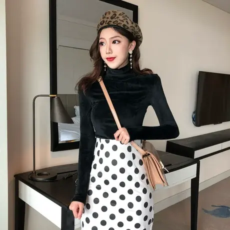 半高领打底衫女秋冬德绒保暖洋气加绒加厚内搭长袖T恤金丝绒上衣图片