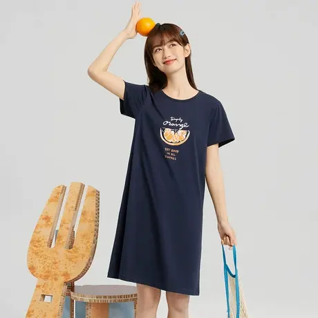 三枪睡裙夏女纯棉家居裙水柔棉圆领短袖裙女士睡衣印花夏季70478图片