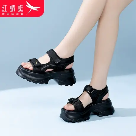 红蜻蜓老爹厚底女士运动沙滩凉鞋女款2025新款夏天小个子显高黑色商品大图