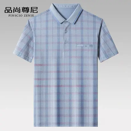 中老年男士短袖t恤撞色格子条纹冰爽棉凉感宽松polo衫夏季爸爸装商品大图