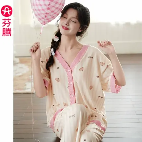 芬腾睡衣女夏季纯棉短袖套装可爱休闲薄款大码女款卡通家居服套装商品大图