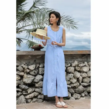 弥古蓝色背心连衣裙女夏高级感2025新款设计感开叉法式度假沙滩裙图片