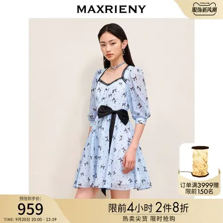 MAXRIENY复古蝴蝶结飘带设计感波点连衣裙秋季甜美少女感印花裙子图片