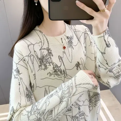 欧货重工印花水墨画抽象图案秋冬新款2023复古毛衣圆领针织打底衫图片