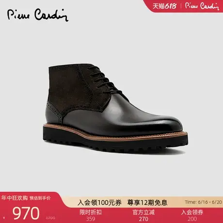 Pierre Cardin/皮尔卡丹男鞋真皮拼接绒面感皮靴加绒保暖马丁靴商品大图
