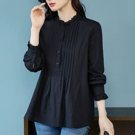 妈妈春秋装长袖衬衫女加肥加大码女装宽松纯棉百搭显瘦衬衣女上衣商品大图
