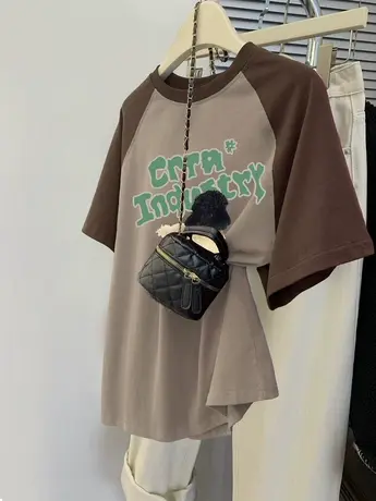 韩系复古chic插肩袖正肩T恤短袖女ins潮夏季纯棉大码拼接撞色上衣商品大图