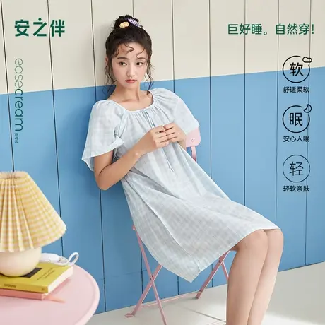安之伴2025新款睡裙女夏季纯棉格子睡衣甜美可外穿家居服可外穿商品大图