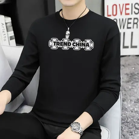 重磅纯棉黑色卫衣男摇粒绒加绒加厚圆领无帽长袖t恤中国潮流百搭商品大图