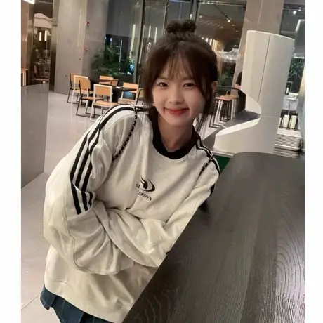 美式复古三条杠无帽圆领卫衣女秋冬季设计感小众上衣加绒加厚外套图片