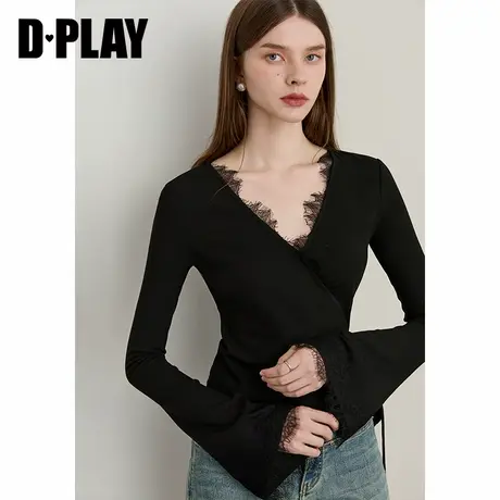 DPLAY2025年秋季新款黑色t恤女拼接蕾丝喇叭袖打底衫长袖上衣商品大图