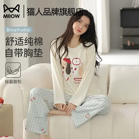猫人纯棉睡衣女2025新款春秋季圆领长袖可爱卡通家居服套装可外穿商品大图