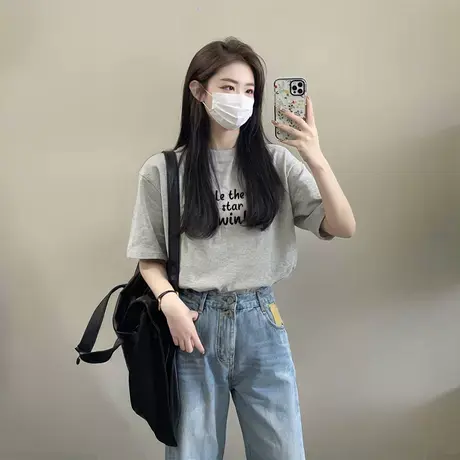 灰色t恤女2025新款夏装高级感爆款短袖宽松纯棉中长半袖正肩上衣商品大图