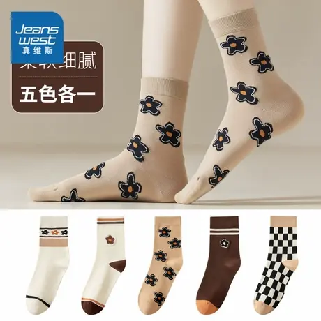 YM【5双装】真维斯袜子中筒女袜春秋季花朵提花秋冬季女士长袜女图片