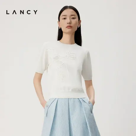 LANCY/朗姿2024夏季立体提花修身短款针织衫短袖气质白色上衣女商品大图