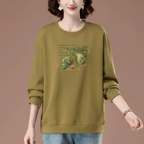 中年女士卫衣春秋款加肥加大码女装宽松洋气印花圆领妈妈上衣外套商品大图