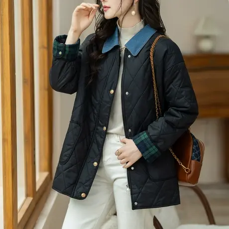 胖妈妈撞色翻领棉服外套女冬季新款宽松加大码女菱格洋气夹棉外套商品大图
