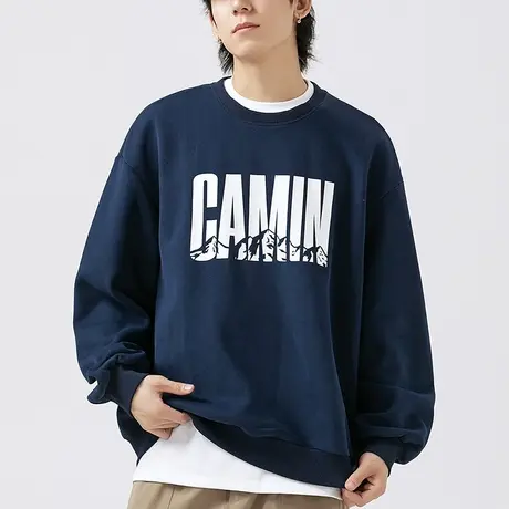 男士藏青色圆领卫衣男春秋款2023年新款休闲套头外套字母印花上衣商品大图