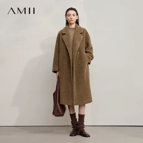 Amii2025冬新款极简双排扣长款宽松环保颗粒绒皮草外套大衣女商品大图