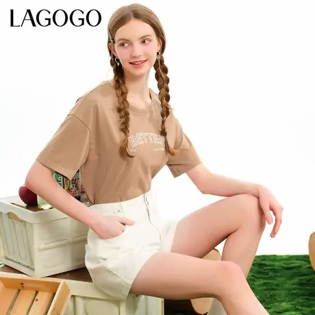 LAGOGO学院风亮片字母T恤女拉谷谷夏季新款圆领舒适显瘦休闲短袖商品大图