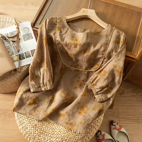 享永子七分袖碎花苎麻衬衫女夏文艺复古宽松显瘦棉麻上衣2023新款商品大图