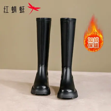 红蜻蜓2025冬季新款加绒厚底百搭长筒靴小个高跟黑色瘦瘦骑士长靴图片