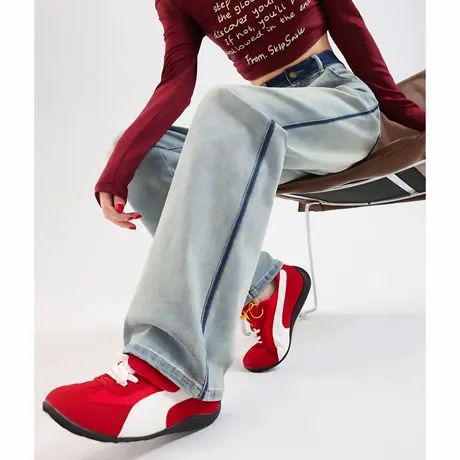 唐狮春秋女中腰前袋印花装饰线直筒裤时尚高级感牛仔长裤TD图片