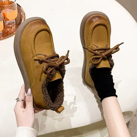 厚底加绒乐福鞋女2023新款秋冬季英伦风小皮鞋毛毛鞋保暖系带棉鞋商品大图
