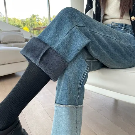 复古蓝色高腰直筒牛仔裤女加绒加厚秋冬季卷边小个子八九分烟管裤商品大图