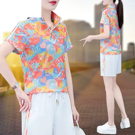 恋上17号休闲运动套装女夏季2023新款立领冰丝短袖速干妈妈两件套商品大图