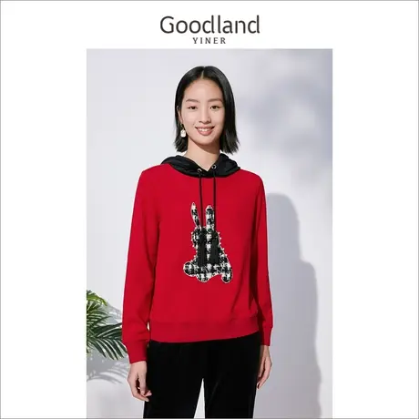 音儿美地女装2022冬季新款撞色连帽拼接绣花套头针织衫商品大图