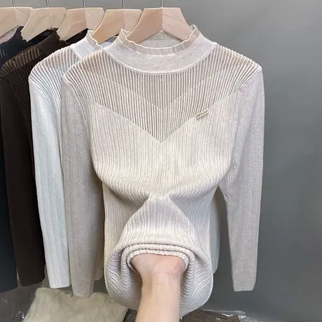 半高领毛衣女蕾丝打底衫2023秋冬新款套头外穿针织衫内搭洋气上衣商品大图