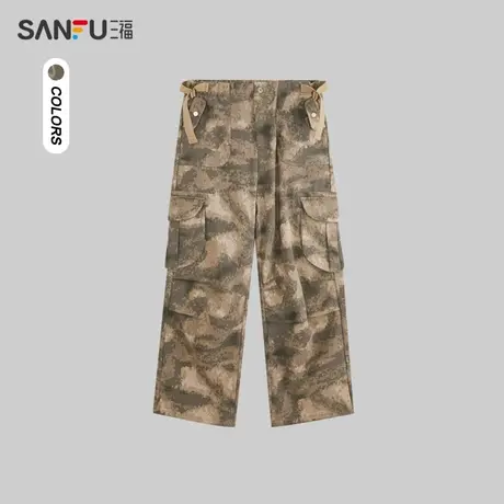 三福2023冬男士满印休闲裤 街头潮流打褶宽松直筒长裤男477963图片