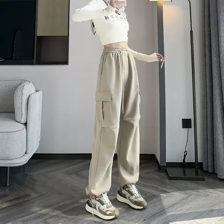 抽绳工装裤女冬季2023新款高腰垂感松紧腰多口袋休闲运动阔腿裤子商品大图