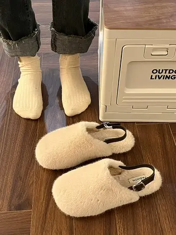 仙女风配裙子毛毛鞋女2023秋冬新款加绒懒人包头半拖鞋两穿穆勒鞋图片