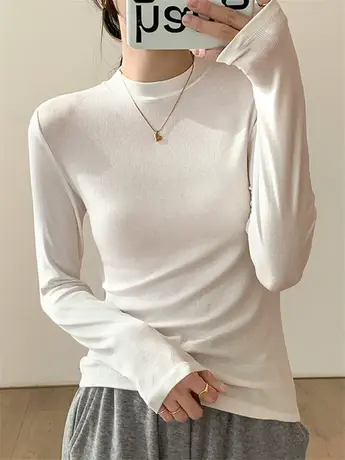 正肩小立领白色内搭加绒打底衫女半高领春秋冬季长袖T恤上衣百搭图片