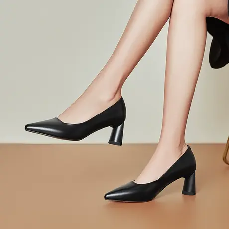 里外真皮尖头浅口单鞋女粗跟气质高跟鞋头层牛皮通勤百搭工作女鞋图片