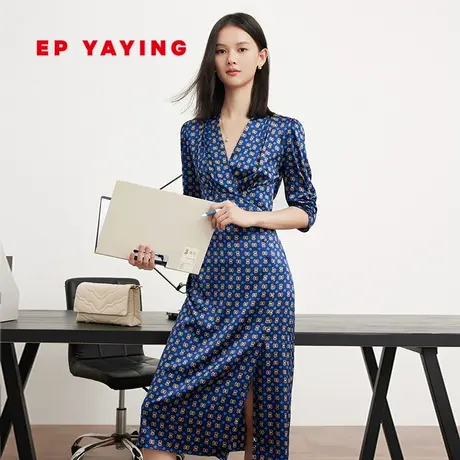 EP YAYING雅莹女装 真丝印花v领修身连衣裙 春装商场同款4603B图片