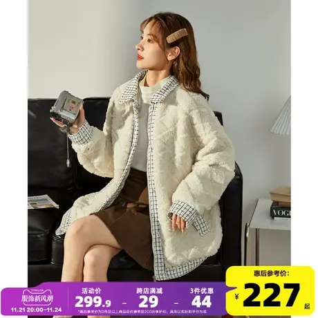 唐狮秋冬新款外套女翻领拼接假两件洋气时尚设计感仿羊羔毛上衣厚图片