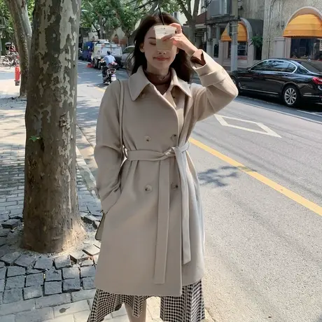 唐狮冬装毛呢外套女长款净色系氛围感带呢大衣气质外套韩版ins潮图片