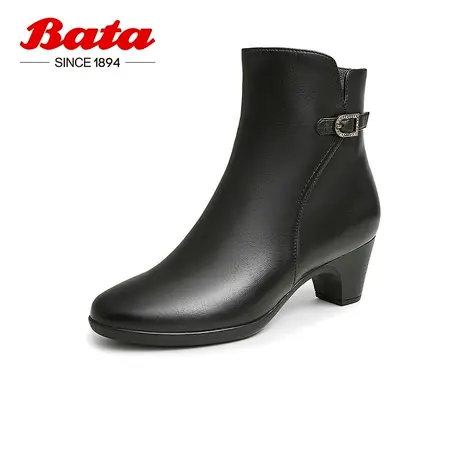 奥莱Bata时装靴女冬商场新款粗跟软底羊皮舒适通勤短筒靴AQ771DD2图片