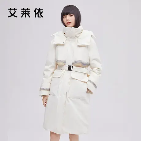 艾莱依新品冬季白色羽绒服女敦煌印花时尚腰带设计连帽加厚外套潮图片