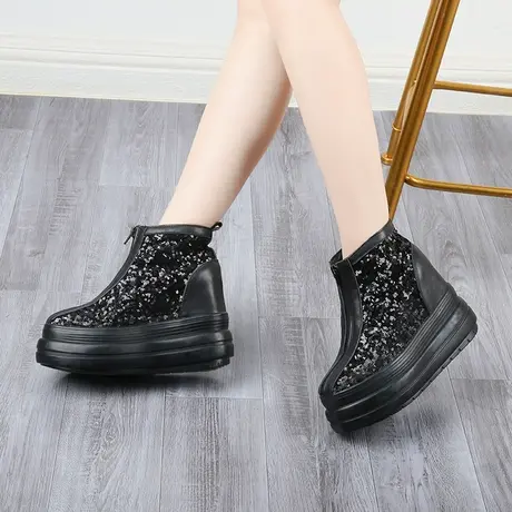 秋冬前拉链坡跟短靴女黑色小个子厚底切尔西靴内增高10cm真皮女靴图片