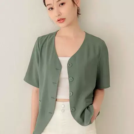 桔熊夏季通勤短款小外套V领短袖纯色修身收腰上衣女大码AB17376图片