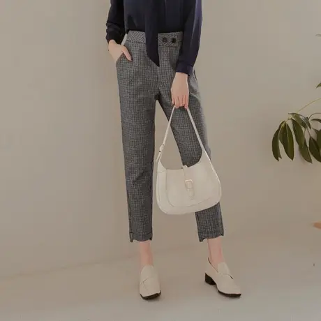 桔熊秋冬季通勤磨毛格纹拼接不对称裤脚小脚裤子女装大码BA6481商品大图