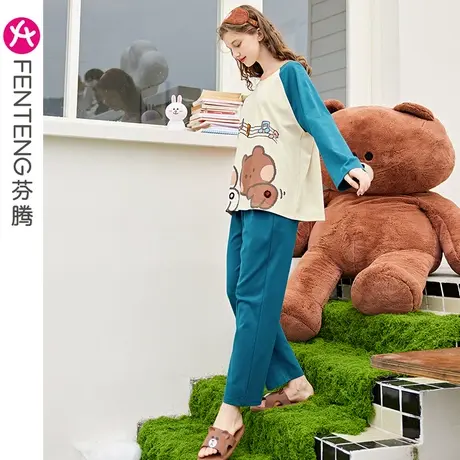 芬腾布朗熊睡衣女纯棉长袖圆领套头韩版卡通少女可外穿家居服套装图片