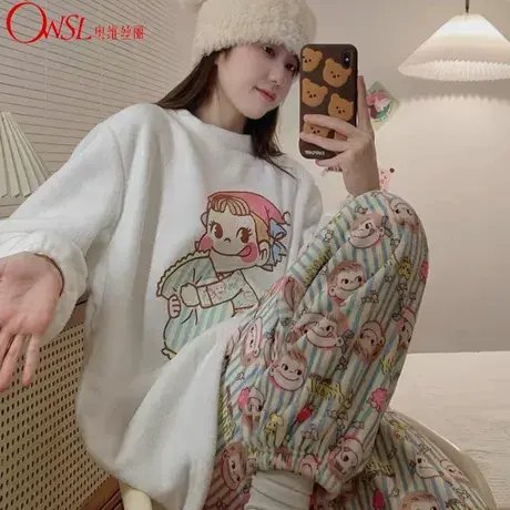 日系女士睡衣秋冬季加绒加厚可爱卡通珊瑚绒家居服商品大图